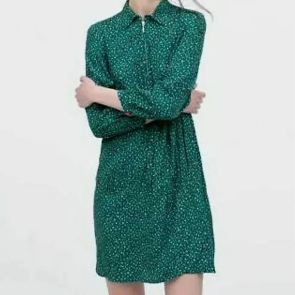 Zara Basic Quarter Zip 3/4 Sleeves Green Polka Dot Mini Dress, M